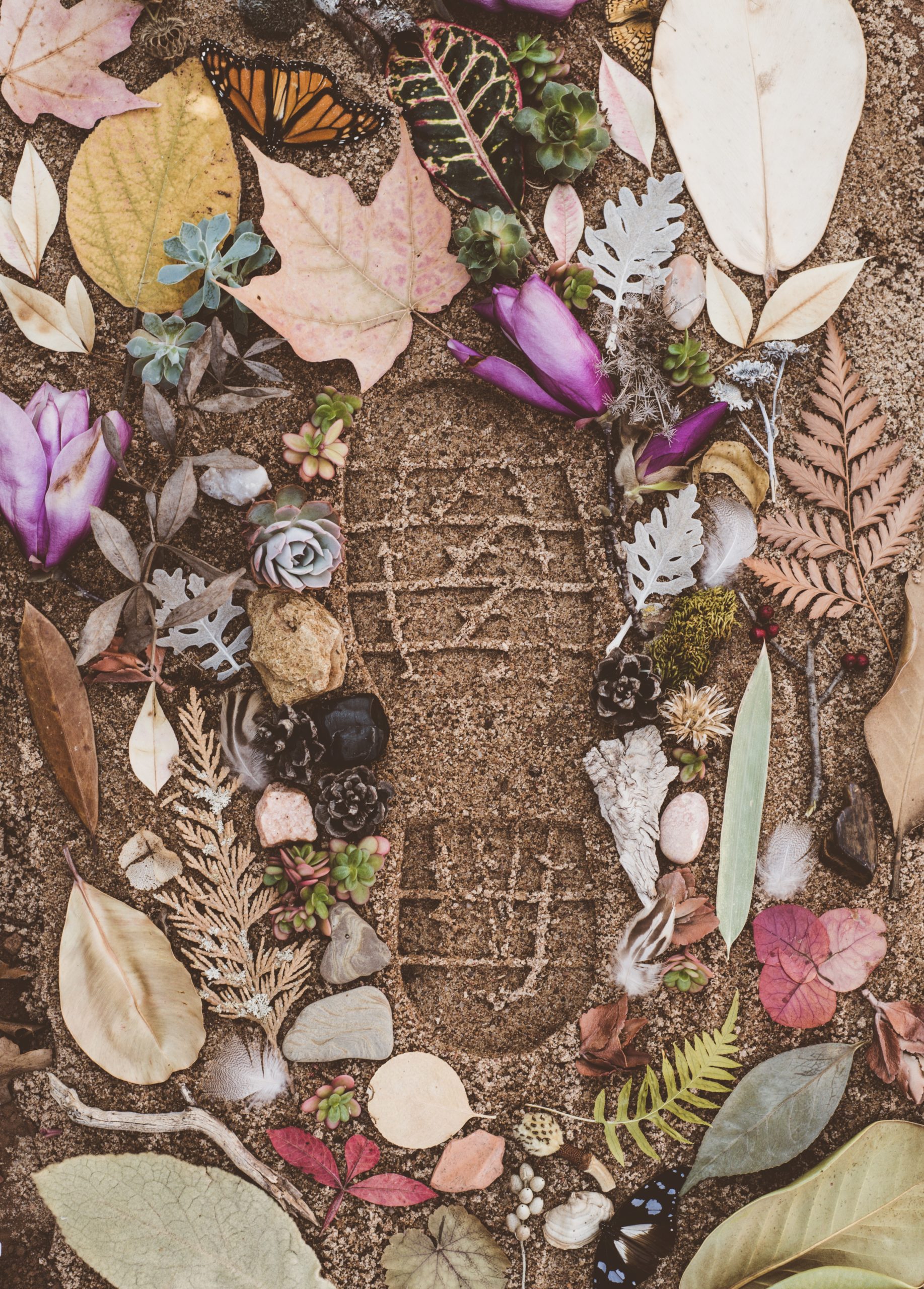 Step Into Spring a virtual assistant blog. The image is of a footprint amongst leaves