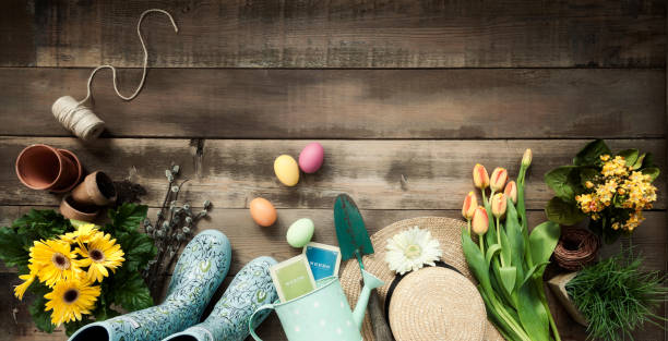 How To Recharge And Switch Off This Easter Weekend | Vintage gardening tools and flowers against a rustic wood background.